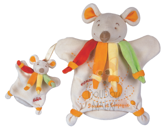 Doudou Et Compagnie Souris Marionnette collector Clara la Maman et son bebe Blanc Orange Jaune Vert